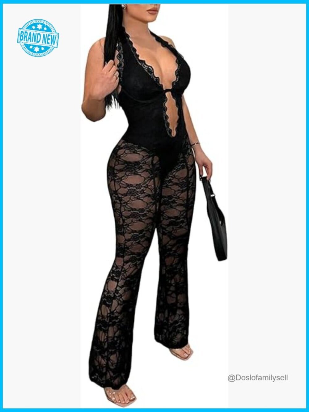 Lace Jumpsuit Deep V Neck Backless Halter Bodycon Sheer Jumpsuit Clubwear
